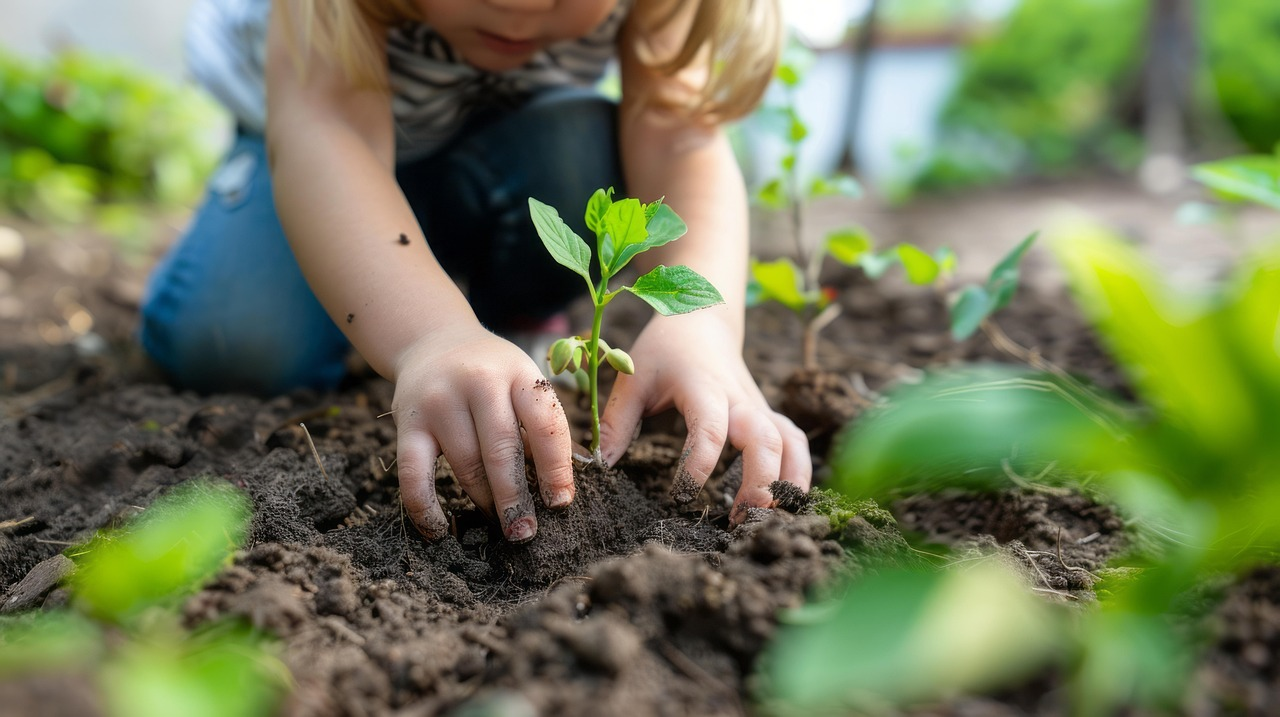 child planting a sapling into the ground